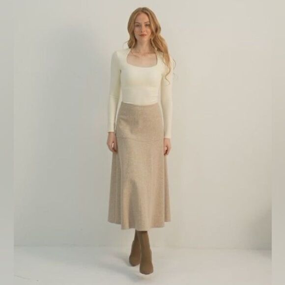 OGL Move Cashsoft Wool-like Flared Maxi Skirt Heather Oatmeal Size Medium NEW - Picture 7 of 15